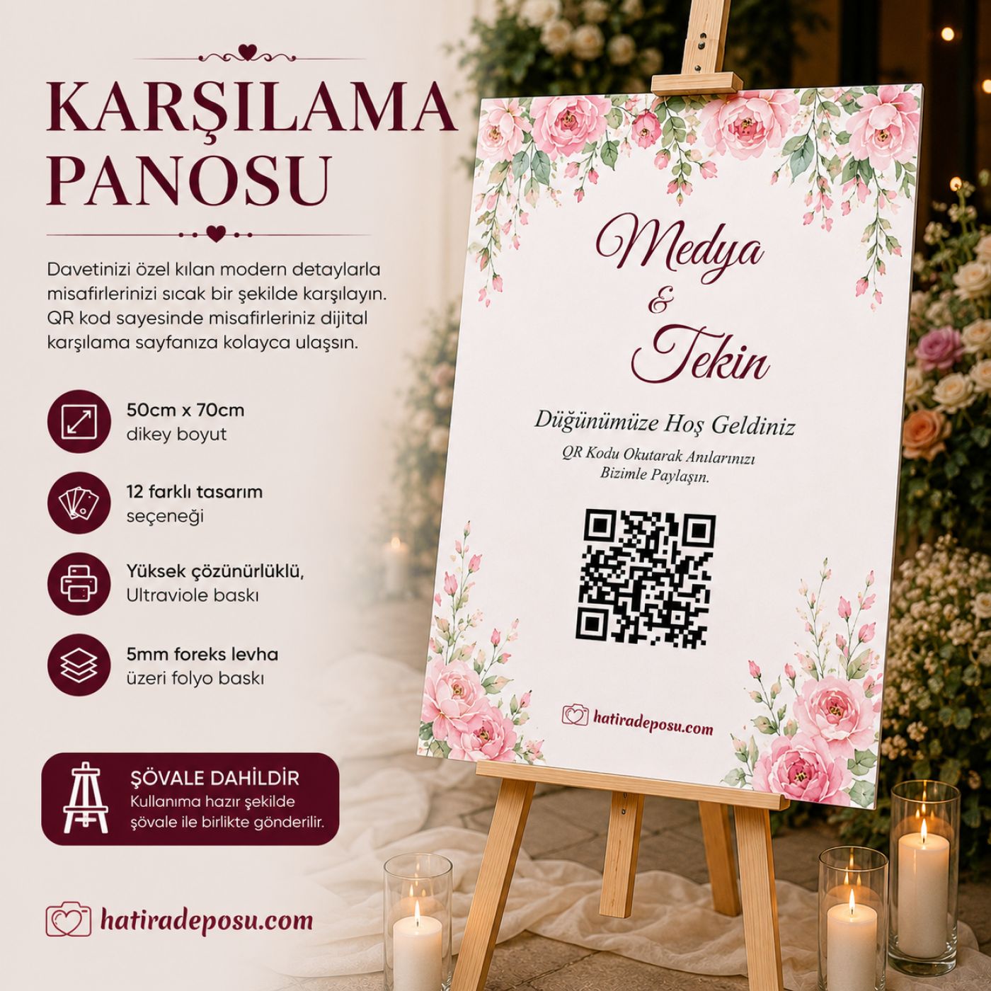 Karşılama Panosu + QR Kodlu Dijital Albüm + Şövale